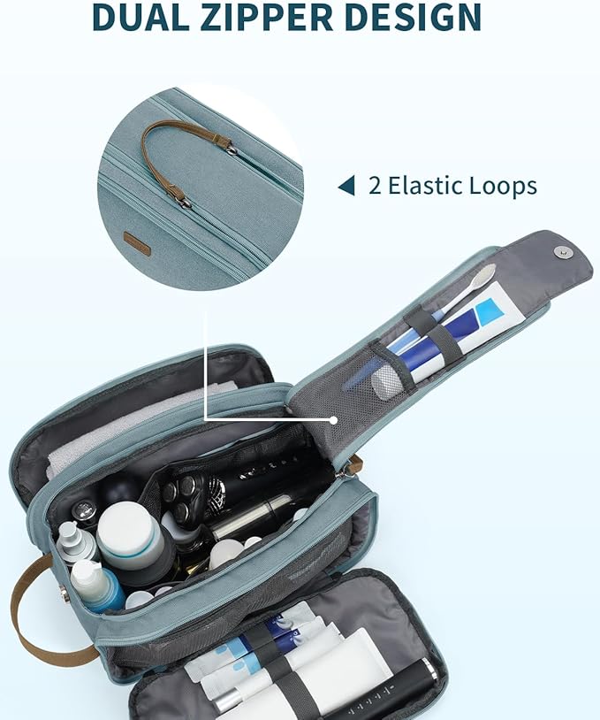WANDF Toiletry Bag for Men Travel Toiletry Organizer Canvas and Leather Dopp Kit Water-Resistant Shaving Bag for Travel Accessories (Pale Blue, Large)