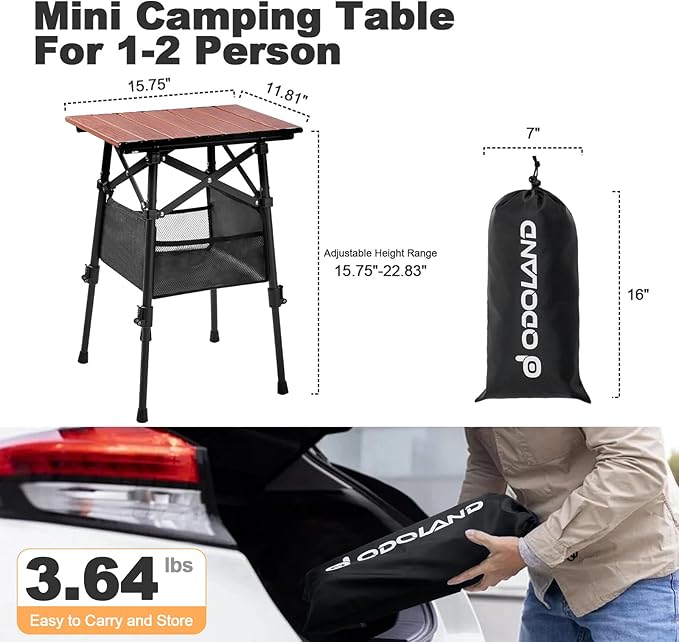 Odoland Folding Camping Table, Adjustable Height Portable Lightweight Mini Beach Table with Storage Bag for Outdoor Picnic Hiking Travelling