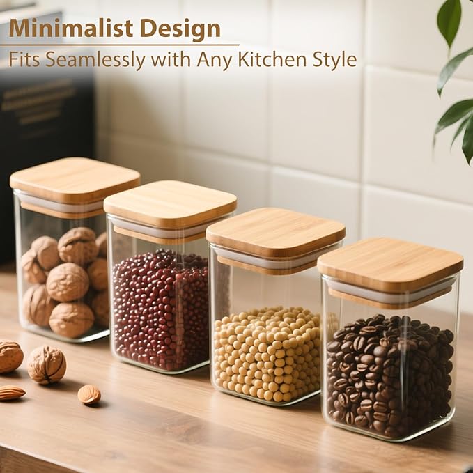 37oz Square Glass Storage Containers with Bamboo Lids – 4 Pack Clear Food Airtight Glass Jars for Pantry Organizers and Storage, Kitchen Dry Food, Coffee, Sugar, Flour, Snacks, Spices