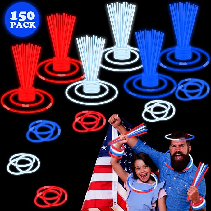 Red White Blue Glow Sticks Party Favors Supplies 150 PCS,Light Up Bracelets Necklaces Accessories Decorations for Kids,Fun USA Items for Fourth of July Patriotic Birthday Pool Games Activities