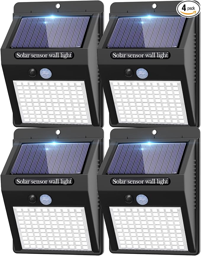 4 Pack Solar Motion Sensor Lights Outdoor, 3 Modes/100LED Security Wireless IP65 Waterproof Wall Light for Front Door, Backyard, Garage, Deck