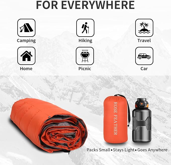 Down Camping Blanket, Muti-Use Outdoor Travel Blanket, Puffy Sleeping Bag Blanket, Waterproof Packable Backpacking Quilt for Camping, Travel, Airplane, Hiking, Picnic, 55''x79''