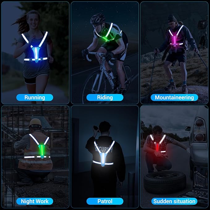 Led Reflective Vest Running Gear，7 Lights Colors Light Up Running Vest, Rechargeable High-Visibility Adjustable Vest for Running, Cycling, and Night Activities（Green）