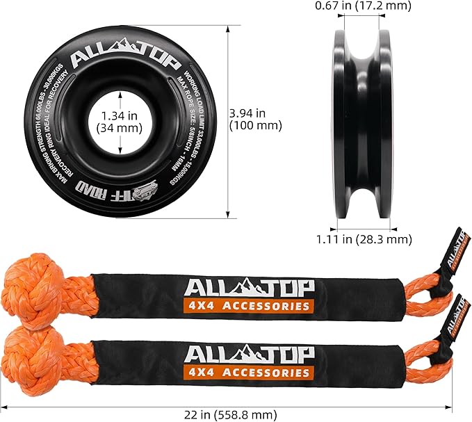 ALL-TOP Synthetic Soft Shackle & Recovery Ring Kit (2PCS 1/2in x 22in - 48300LBS Shackles + 1 Snatch Pulley Ring) for Winch Tackle Pulley System