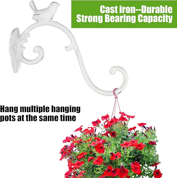 Moxweyeni 2 Pcs Cast Iron Plant Hangers Outdoor 10" Heavy Duty Hanging Basket Brackets Lovely Bird Shape Decorative Wall Hangers for Flower Pots Bird Feeder Wind Chime Lantern(White)