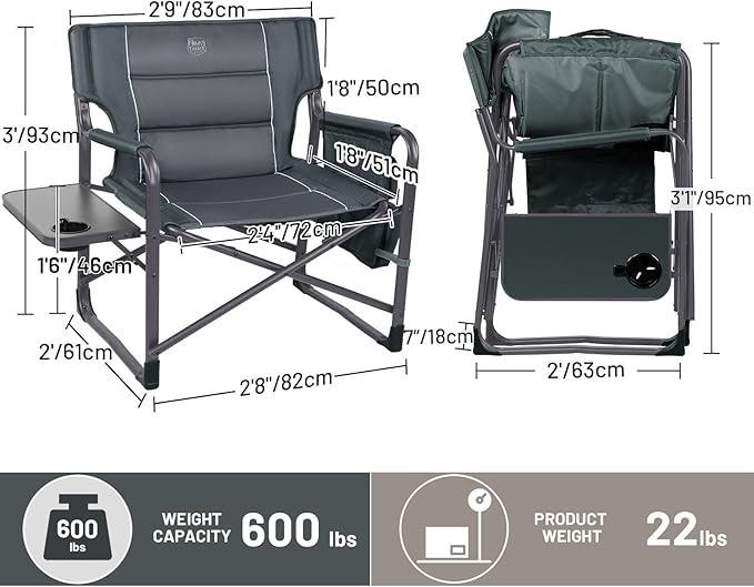 TIMBER RIDGE XXL Upgraded Oversized Directors Chairs with Foldable Side Table, Detachable Side Pocket, Heavy Duty Folding Camping Chair up to 600 Lbs Weight Capacity (Grey) Ideal Gift, 2 Pack
