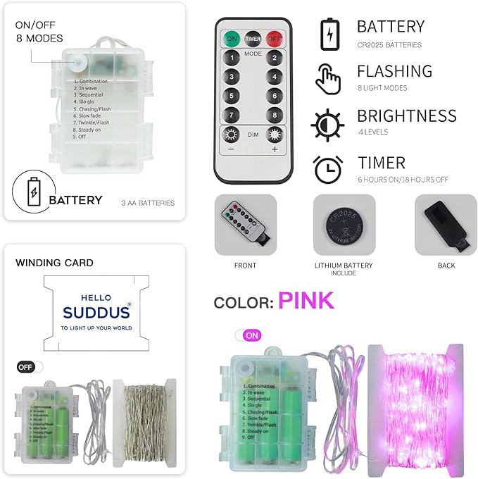 suddus Pink Christmas Fairy Lights Battery Operated Outdoor Waterproof, 66ft 200 Led String Lights with Remote, Twinkle Lights for Bedroom, Dorm, Tapestry, Party Decorations