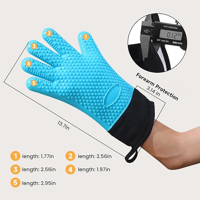 GEEKHOM BBQ Gloves Heat Resistant Oven Mitts - Silicone Grilling Gloves with 13.7" Arm Protection - Waterproof Pot Holder Non-Slip for Men & Women, Kitchen Outdoor Cooking, Baking, Camping, Blue