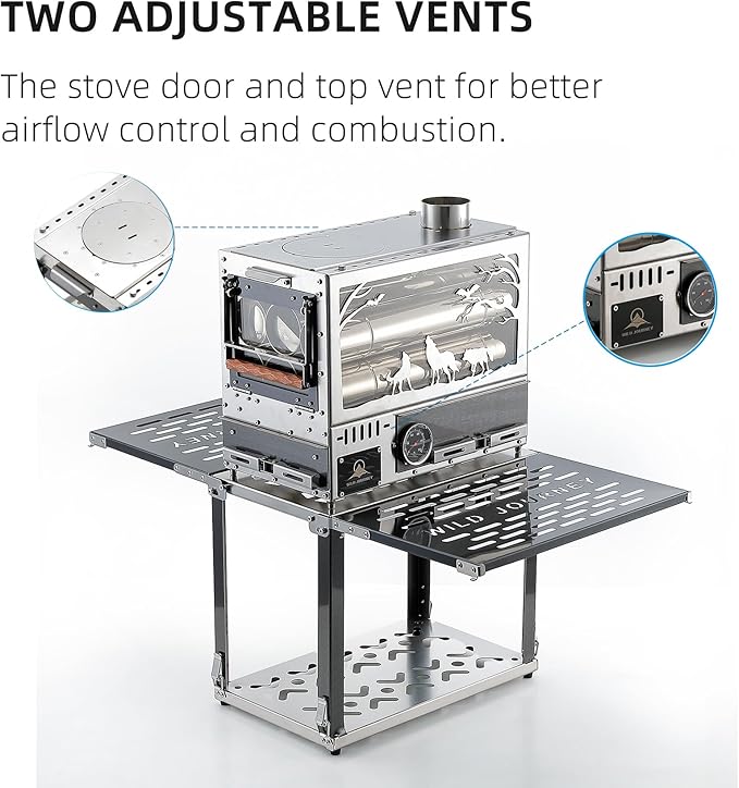 M8 Wood Burning Stove with Oven & Folding Camping Table, Stainless Steel Portable Hot Tent Stove, Including 6 Chimney Pipes, for Camping, Tents, Cooking and Travel (Silver)