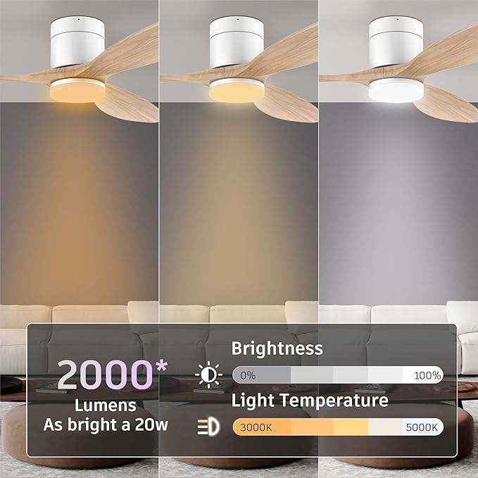 52" Smart Wood Ceiling Fans with Light and Remote,Low Profile Outdoor Indoor Ceiling Fan with Dimmable Light and Quiet DC Motor,Control with Alexa Google Voice App,for Modern Flush Mount Bedroom Patio