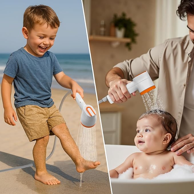 Portable Camping Shower with Filtration, Long Lasting Rechargeable Outdoor Shower with Led Light, Low Noise Portable Shower Pump Head for Hiking, Beach Vacation, Pet Bath, Camping Essentials