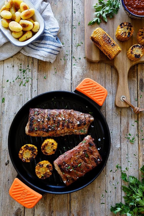 BRA COOKWARE Efficient Iron Round Ribbed Grill | 12.6 inches Cast Iron Round Griddle | All Heat Sources Compatible | PFOA Free | Without Non-Stick | Silicon Handle | Non Deformable