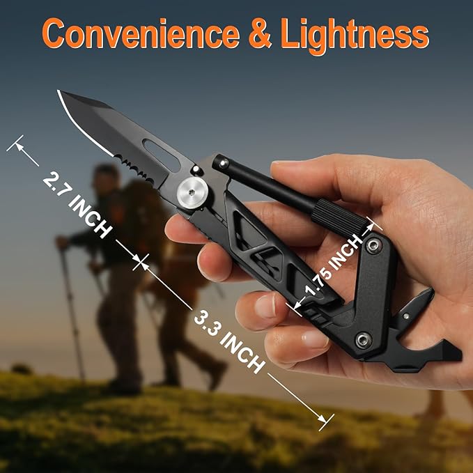 Multitool Carabiner with Pocket Knife, EDC Gear with Folding Knives, Bottle Opener, Window Breaker And Screwdriver, Fishing Gifts for Men Unique, Tactical Survival Gear for Camping And Hiking