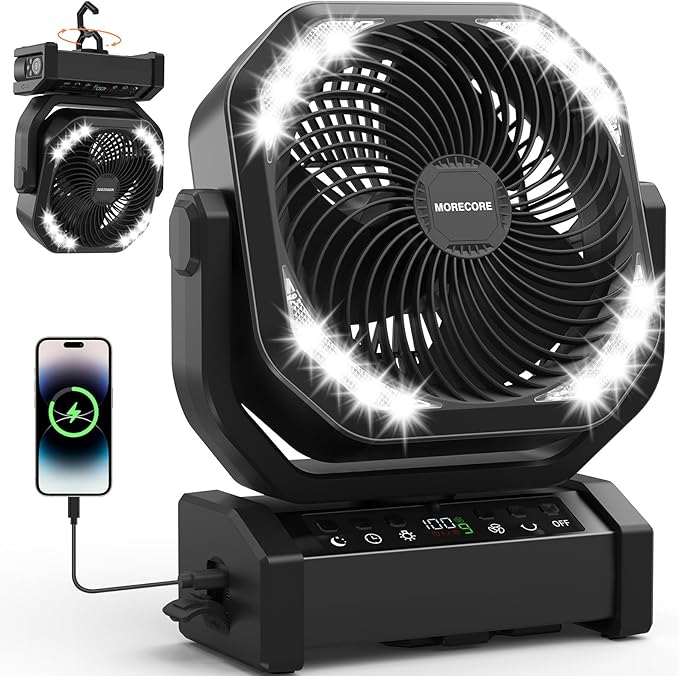 MORECORE 20000mAh Rechargeable Camping Fan with Light, 112HRS Running, 8-Speed, Auto Oscillating, Timer, LED Digital Display, 270°Pivot with Hook for Tent RV Emergency Garage-Black