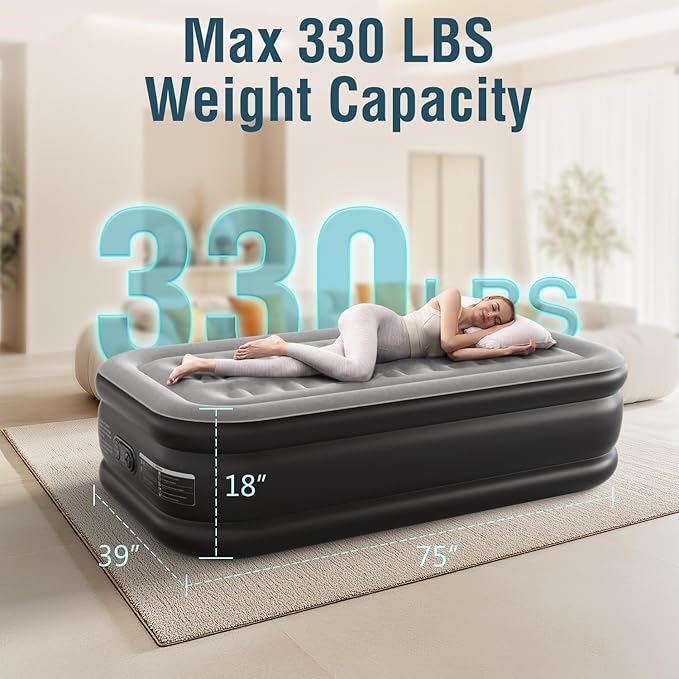 Air Mattress 18", Twin Air Bed with Soft Flocked Top and Portable Carry Bag, Twin Air Mattress with Built in Pump Raised for Guest, Office, Camping (Black)