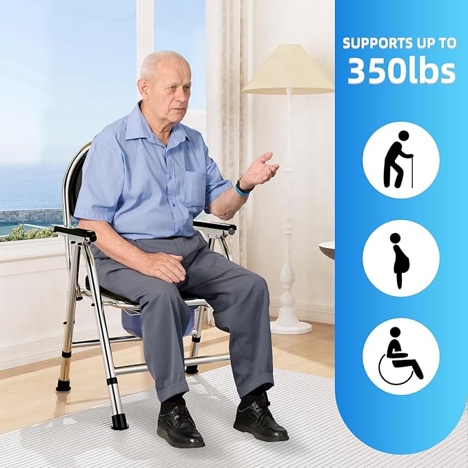 4 in 1 Folding Bedside Commode Chair for Elderly with Arms and Back,Adjustable Height Raised Toilet Seat with Handles,Adults Potty Chair for Seniors,Disabled Holds Up to 350 lbs (PU Soft Seat)