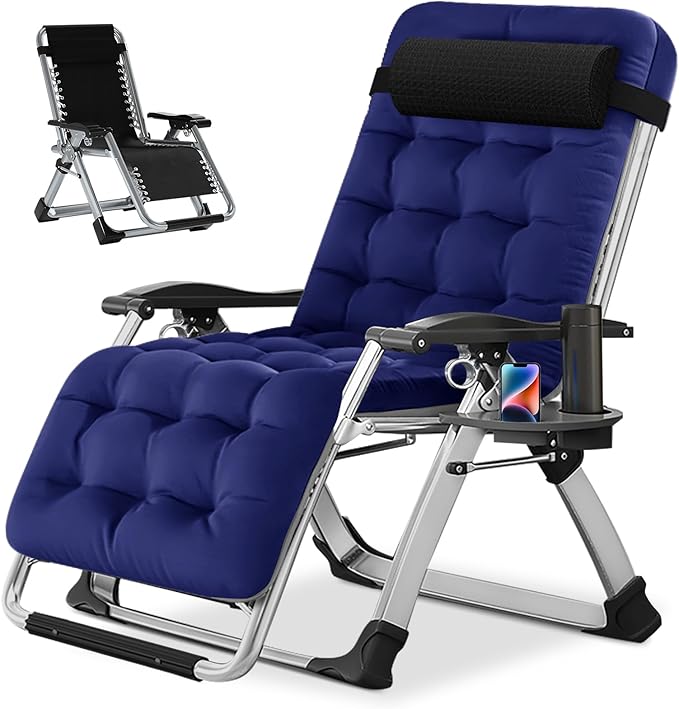 NAIZEA Padded Zero Gravity Chair, Folding Outdoor Lounge Chairs, Adjustable Reclining Camping Chairs with Cup Holder, Ergonomic Patio Lawn Chair for Balcony Beach Deck Yard