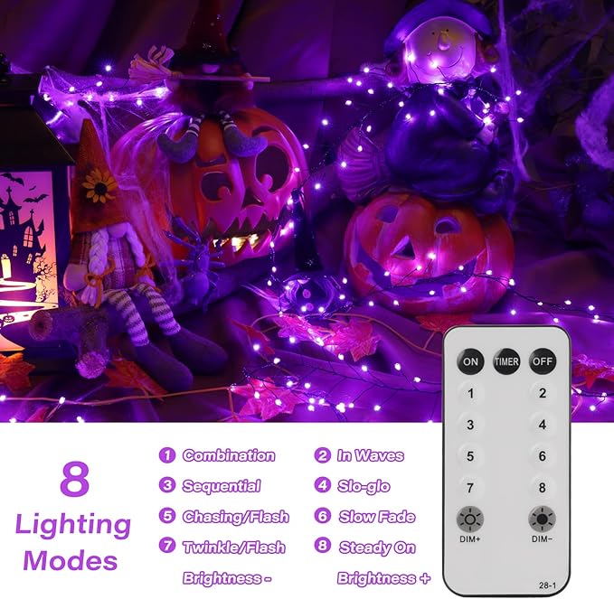 Halloween Fairy Lights Plug in, 10Feet 200 LEDs Firecracker String Lights with Remote, Waterproof Cluster String Lights for Ceiling Bedroom Wreath Window Bar Haunted Theme Halloween Decoration, Purple