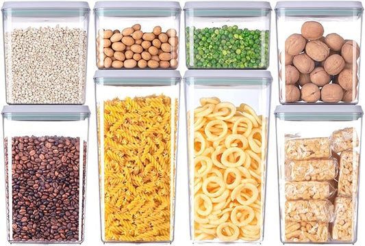 8-Piece Set of Pop Airtight Food Storage Containers with Lids Stackable Containers for Kitchen Pantry Organization Ideal for Cereal Snacks Flour Sugar Coffee and Spaghetti (1.2, 2.0, 2.7, 3.3qt)*2