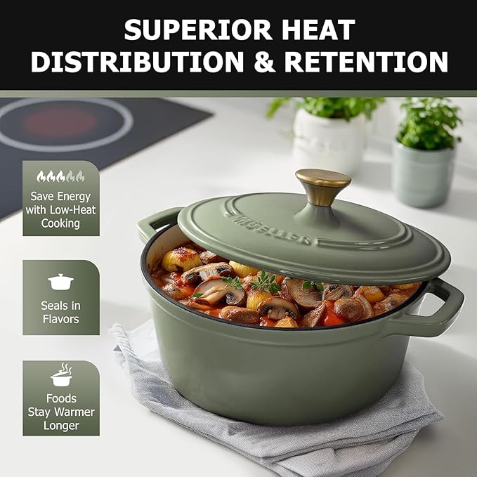 MÜELLERHOME 4.5 Quart Enameled Cast Iron Dutch Oven For Sourdough Bread Baking, Heavy-Duty, Oven-Safe up to 500° F & Across All Cooktops, Casserole Dishes, Green Kitchen Accessories, Thyme Green