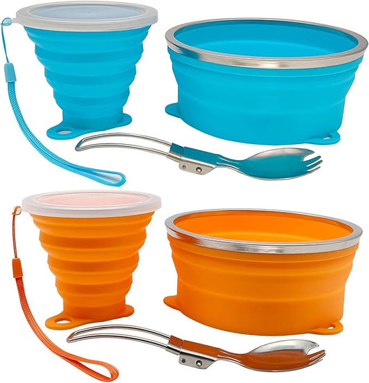 Mess Kit for Camping Silicone Collapsible Bowl Collapsible Cup and Stainless Steel Spoon for Backpacking Outdoor Hiking Traveling and Picnic - 2 Pack