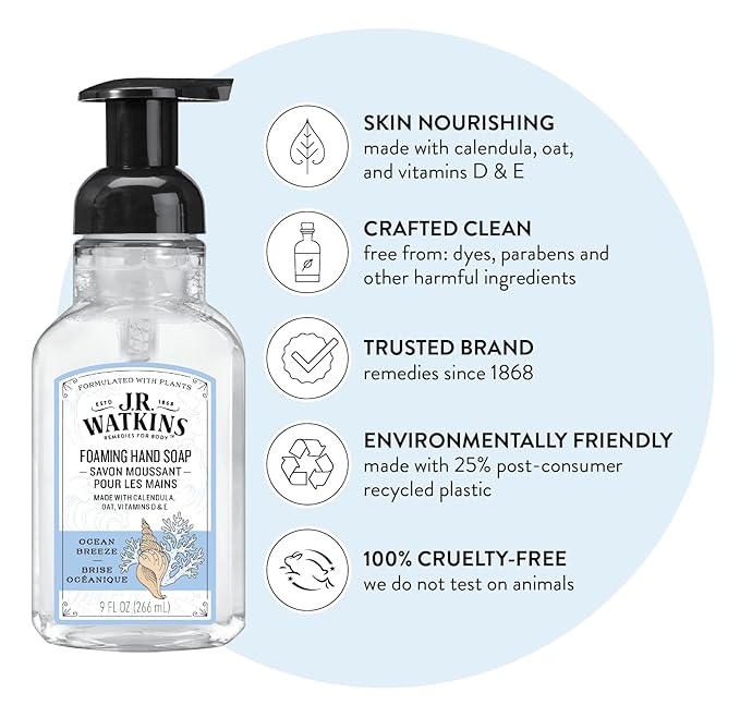 J.R. Watkins Foaming Hand Soap with Pump Dispenser, Moisturizing Foam Hand Wash, All Natural, Alcohol-Free, Cruelty-Free, USA Made, Ocean Breeze, 9 fl oz, 3 Pack