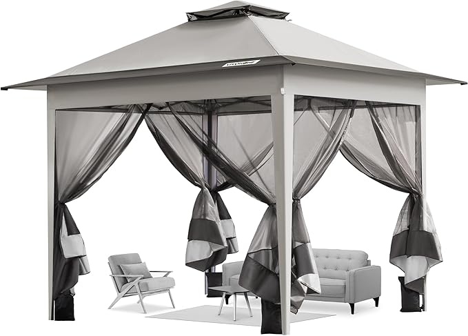 VIVOHOME Pop Up Gazebo 10x10ft Outdoor Canopy Tent with Mosquito Netting & 2 Tiers Roof for Patio Garden Backyard, Grey