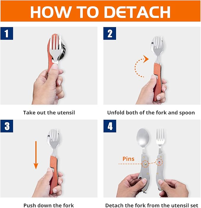 Camping Eating Utensils HIKENTURE 4-In-1 Stainless Steel Spoon Fork Knife Bottle Opener Set,Foldable Backpacking Cutlery for Traveling, Hiking, Boy Scout Gift(Red)