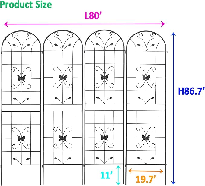 4 Pack Metal Garden Trellis 86.7" Black Fence Rustproof Garden Trellis for Climbing Plants Support Roses Flower Outdoor Lawn, Black
