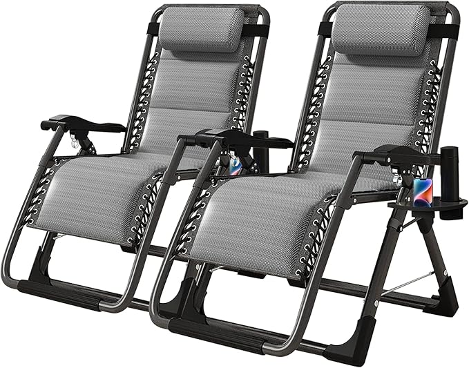 NAIZEA Padded Zero Gravity Chair, Cooling Fabric Folding Outdoor Lounge Chairs, Adjustable Reclining Camping Chairs with Cup Holder, Ergonomic Patio Lawn Chair for Balcony Beach Deck Yard