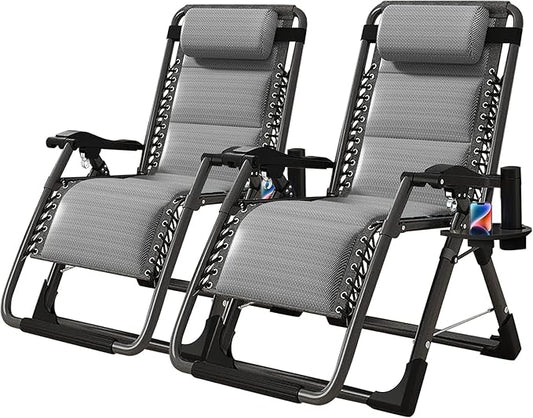 NAIZEA Padded Zero Gravity Chair, Cooling Fabric Folding Outdoor Lounge Chairs, Adjustable Reclining Camping Chairs with Cup Holder, Ergonomic Patio Lawn Chair for Balcony Beach Deck Yard