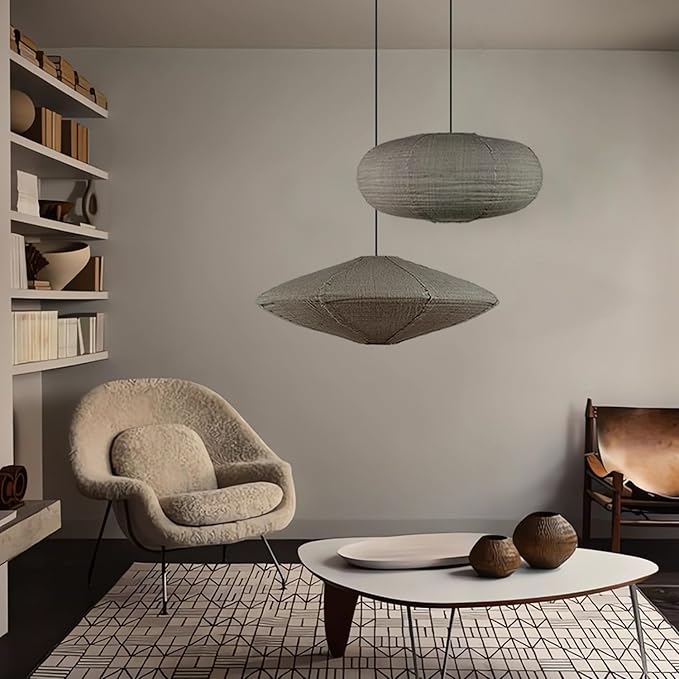 20" Hanging Lamp Shade,Minimalism Ceiling Light Decoration,Grey Large Fabric Lantern UFO and Oval Pendant Light Shade Living Room Classroom Decor Handcrafted Lantern Shade.pack of 2