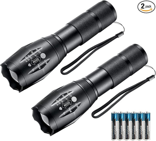 LED Flashlights, 2 Pack Tactical Flashlight High Lumens Lights with 6Pack AAA Batteries Portable Waterproof Zoomable Flashlight with 5 Mode for Camping/Outdoor/Hiking/Gift-Giving/Emergency