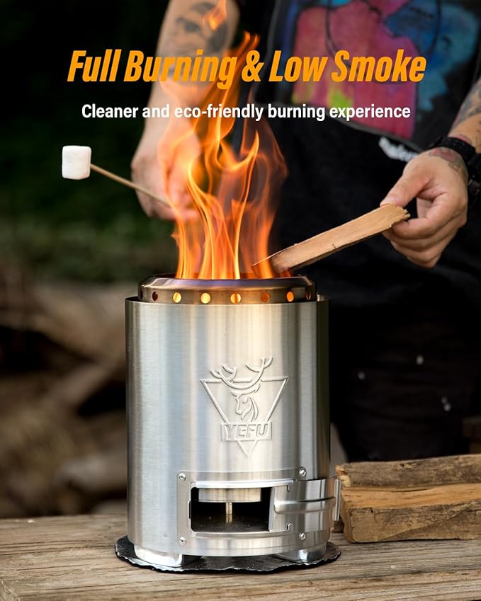 YEFU Tabletop Fire Pit 9.7 x 7.1 in, Flame Intensity Control Camping Stove for Outdoor & Patio, Fueled by Pellets or Wood, Safe Burning Table Top Firepit, with Travel Bag & 2 Mini Sticks, Silver