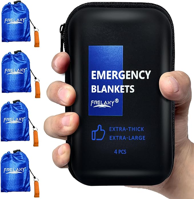 Frelaxy Emergency Blanket 2-Pack/4-Pack, Extra-Thick Extra-Large Space Blankets with Whistles, Storage Pouchs, and EVA case