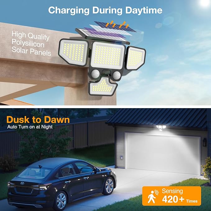 3000LM Solar Lights Outdoor, 4 Heads Solar Security Lights with Remote Control, IP65 Waterproof Motion Sensor Lights 3 Modes Flood Lights for Wall, Porch, Yard, Outside, 1 Pack
