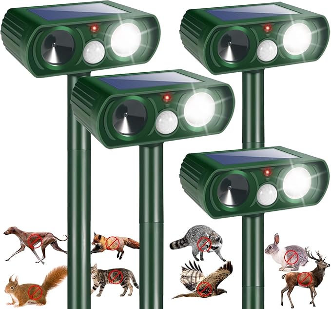 4 Pack Solar Ultrasonic Animal Repellent Squirrel Fortress Pro Outdoor,Cat Deer Repellent with Motion Detection Strobe Light,Waterproof Repeller for Raccoon Rabbit Dog Skunk,Yard Garden Protection