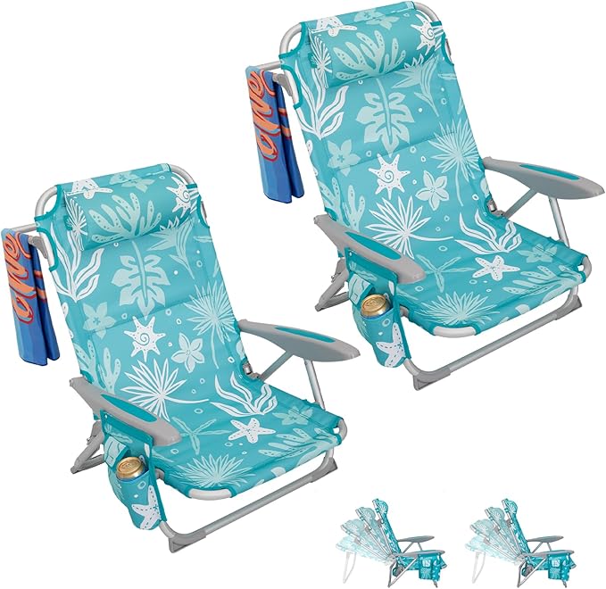 #WEJOY Folding Beach Chair for Adults, 4-Position Aluminum Lightweight Beach Chair, Low Sands Chairs with Shoulder Strap, Cup Holder and Padded Headrest, Supports 265lbs for Lawn