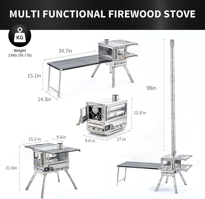 Stainless Steel Portable Wood Burning Stove with Oven & Camping Table, 6 Chimney Pipe for Outdoor Camping, Cooking, Tents, BBQ, Hiking, Fishing, Backpacking