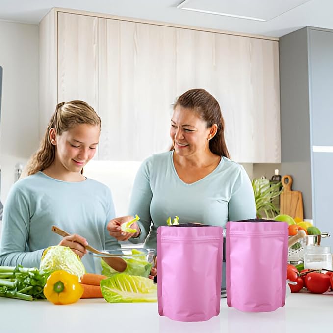 200 Pcs Mylar Bags for Food Storage 5x7 Smell Proof Bag Stand Up, Foil Resealable Bags for Food, Freeze Dried Candy Packaging Sealable Pouch Jewelry Bracelet Pouch for Small Business, Pink