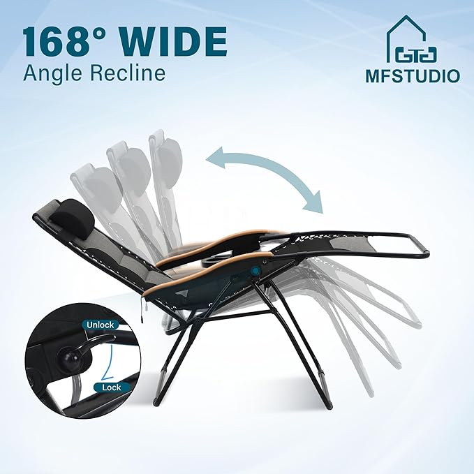 MFSTUDIO Zero Gravity Chairs Set of 2, XL Oversized Outdoor Anti Gravity Chair, Patio Lounge Folding Adjustable Chair with Cup Holder & Padded Headrest, Support 400lbs,Black
