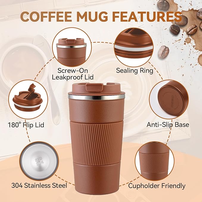 12OZ Travel Coffee Mug Insulated Coffee Cup with Spill Leak Proof Lid, Portable Stainless Steel Tumbler Reusable Hot and Cold Water Mug for Car, Daily, Camping- Coffee