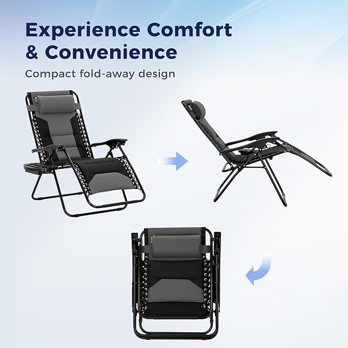 MAISON ARTS Oversized XXL Padded Zero Gravity Chair, Lawn Outdoor Lounge Chairs Set of 2, Foldable Recliners 28" Wide Seat Anti-Gravity for Patio Camping Poolside Yard, Support 400lbs, Grey & Black