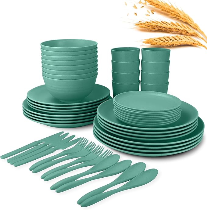 64-Piece Service for 8 Dinnerware Set - Unbreakable Wheat Straw Dinnerware sets of 64 - Dinner plates/Snack plates/Cereal bowls/Drinking Cups/Cutlery for Outdoor camping and indoors.Green