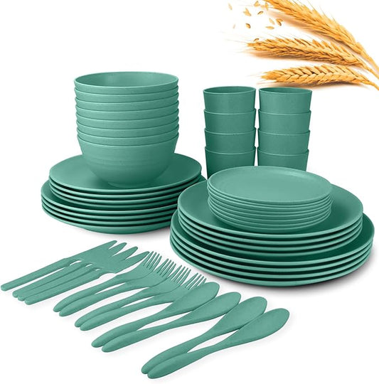 64-Piece Service for 8 Dinnerware Set - Unbreakable Wheat Straw Dinnerware sets of 64 - Dinner plates/Snack plates/Cereal bowls/Drinking Cups/Cutlery for Outdoor camping and indoors.Green