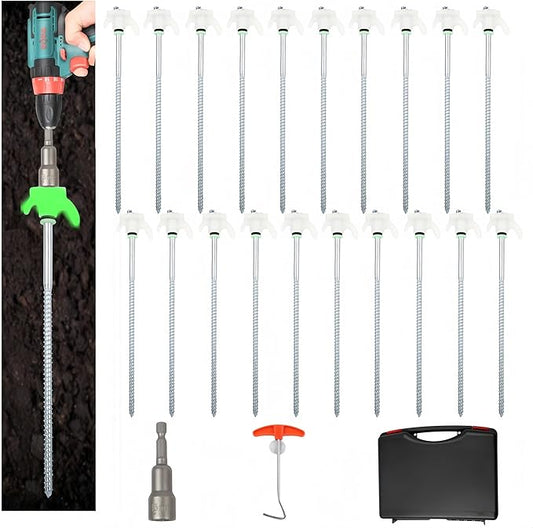 20 Pack 10" Screw in Tent Stakes Heavy Duty, Glow in The Dark Metal Stakes with Hex Head Driver, Ground Anchors for Camping, Patio, Awning, Canopy, and Windy Conditions
