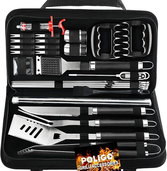 POLIGO 28PC Exclusive BBQ Grill Accessories in Carrying Bag for Birthday Fathers Day Grilling Gift - Premium Grill Utensils Set with Barbecue Claws, Meat Injector, Thermometer for Smoker, Camping BBQ