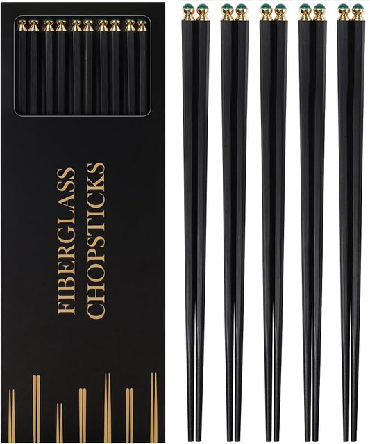 GLAMFIELDS 5 Pairs Premium Chopsticks Reusable Dishwasher Safe 10.5 Inch Gift Set Hexagon Black Chop Sticks with the Green Tops