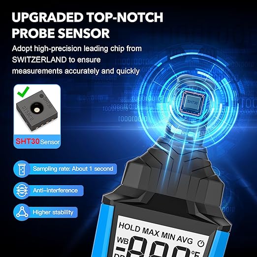 Temperature Humidity Meter, High Precision Digital Hygrometer with Ambient, Dew Point, Wet Bulb Temperature for Indoor Outdoor, Thermometer with Min/Max, Data Hold, LCD Backlight, TH11