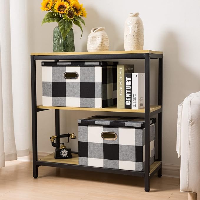 PRANDOM Large Collapsible Storage Bins with Lids [3-Pack] Fabric Foldable Storage Boxes Organizer Containers Baskets Cube with Cover for Home Bedroom Closet Office Black and White (17.7x11.8x11.8)